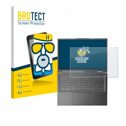 Front side of a product packaging with the brand logo BROTECT. Next to it is the device Acer Aspire 14 AI shown with the corre
