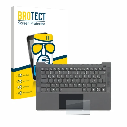 Front side of a product packaging with the brand logo BROTECT. Next to it is the device Lenovo IdeaPad 5 14ALC05 Touchpad show