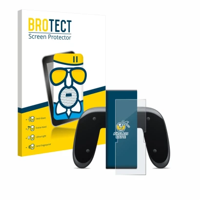 Front side of a product packaging with the brand logo BROTECT. Next to it is the device Nintendo Switch 2 Joy-Con 2-Holder sho