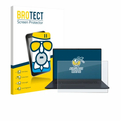 Front side of a product packaging with the brand logo BROTECT. Next to it is the device ASUS Vivobook 18 M1807 shown with the 