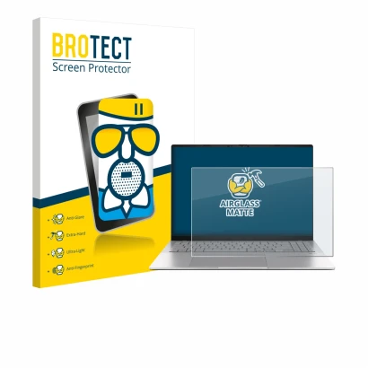 Front side of a product packaging with the brand logo BROTECT. Next to it is the device ASUS Vivobook S16 S3607 shown with the