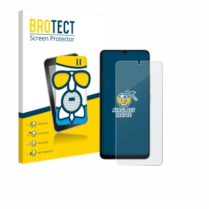 Front side of a product packaging with the brand logo BROTECT. Next to it is the device Doogee Note 59 Pro shown with the corr