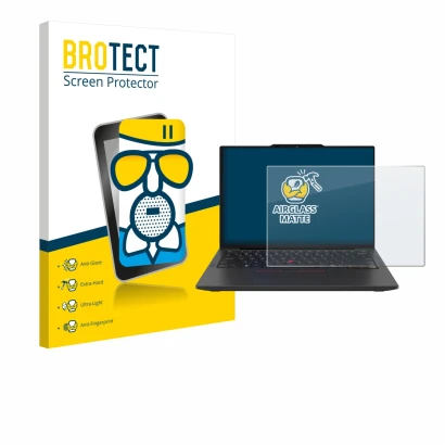 Front side of a product packaging with the brand logo BROTECT. Next to it is the device Lenovo ThinkPad X13 Gen 6 shown with t