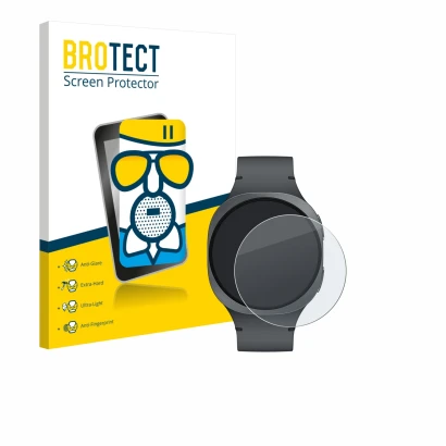 Front side of a product packaging with the brand logo BROTECT. Next to it is the device Samsung Galaxy Watch 8 (40 mm) shown w