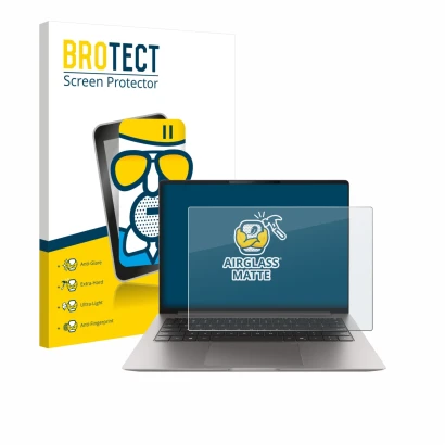 Front side of a product packaging with the brand logo BROTECT. Next to it is the device Honor MagicBook Pro 14 shown with the 