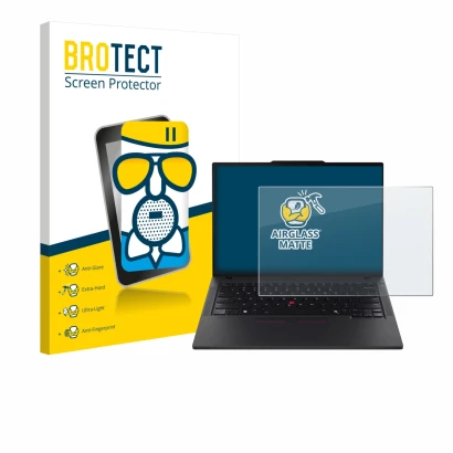 Front side of a product packaging with the brand logo BROTECT. Next to it is the device Lenovo ThinkPad T14 Gen 6 shown with t