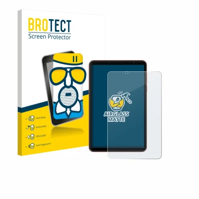 Front side of a product packaging with the brand logo BROTECT. Next to it is the device Blackview Zeno 1 8" shown with the cor