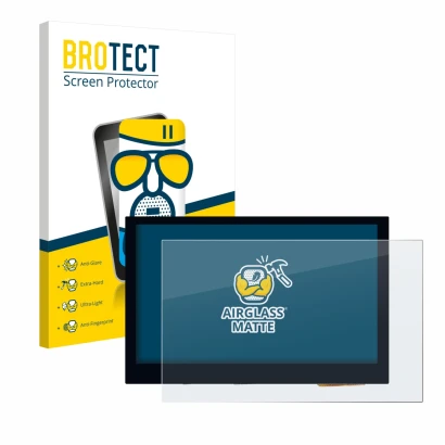 Front side of a product packaging with the brand logo BROTECT. Next to it is the device Waveshare 4.3" shown with the correspo