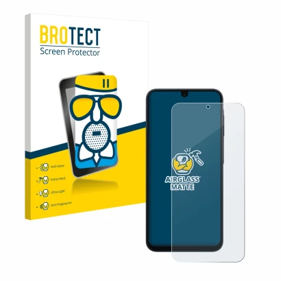 Front side of a product packaging with the brand logo BROTECT. Next to it is the device Samsung Galaxy A17 5G shown with the c