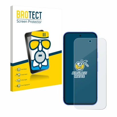 Front side of a product packaging with the brand logo BROTECT. Next to it is the device Google Pixel 10 shown with the corresp