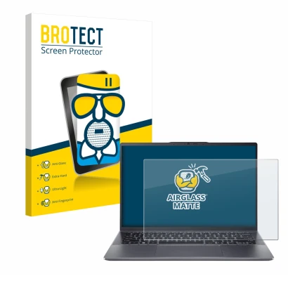 Front side of a product packaging with the brand logo BROTECT. Next to it is the device Acer Swift Go 14 OLED shown with the c