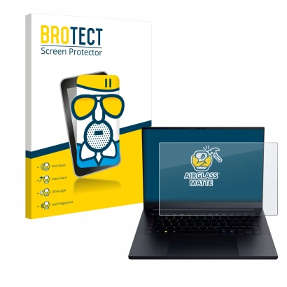 Front side of a product packaging with the brand logo BROTECT. Next to it is the device Razer Blade 14 2025 shown with the cor