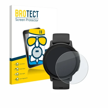 Front side of a product packaging with the brand logo BROTECT. Next to it is the device Garmin Bounce 2 shown with the corresp