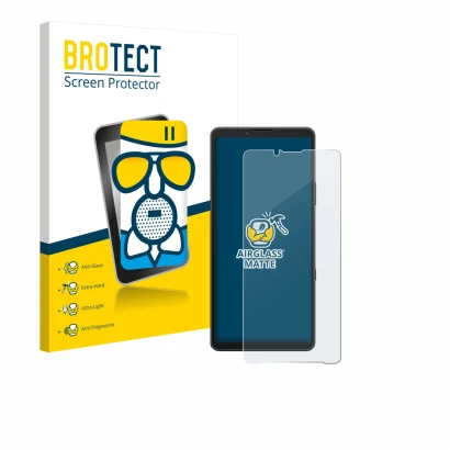 Front side of a product packaging with the brand logo BROTECT. Next to it is the device Sony Xperia 10 VII shown with the corr