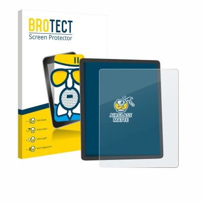 Front side of a product packaging with the brand logo BROTECT. Next to it is the device Amazon Kindle Scribe 2025 shown with t