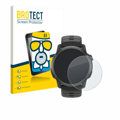 Front side of a product packaging with the brand logo BROTECT. Next to it is the device Coros Apex 4 (42 mm) shown with the co