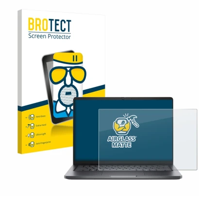 Front side of a product packaging with the brand logo BROTECT. Next to it is the device Dell Pro 14 PC14250 shown with the cor