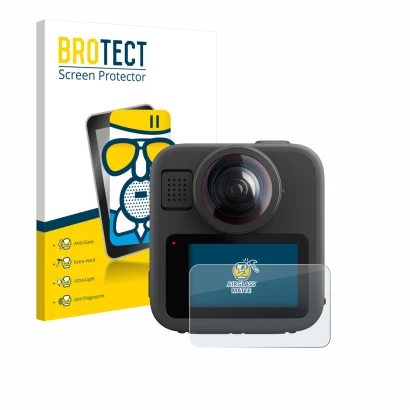 Front side of a product packaging with the brand logo BROTECT. Next to it is the device GoPro Max 2 shown with the correspondi