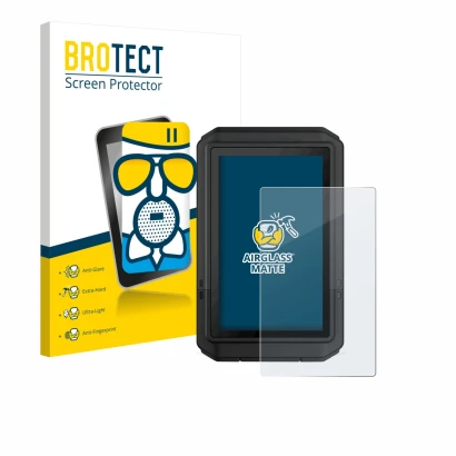 Front side of a product packaging with the brand logo BROTECT. Next to it is the device Garmin eTrex Touch 2025 shown with the