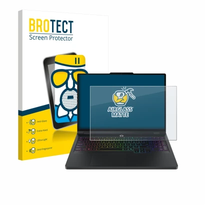 Front side of a product packaging with the brand logo BROTECT. Next to it is the device Lenovo Legion Pro 5 Gen 10 16