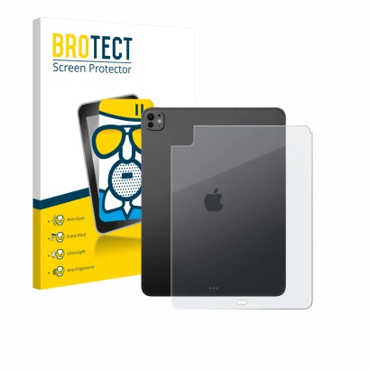 Front side of a product packaging with the brand logo BROTECT. Next to it is the device Apple iPad Pro 13" 2025 (Back) shown w
