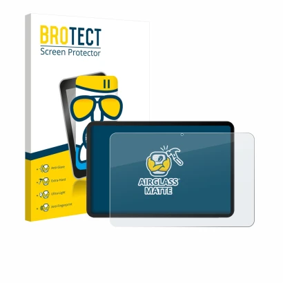 Front side of a product packaging with the brand logo BROTECT. Next to it is the device Doogee Tab G6 Max shown with the corre