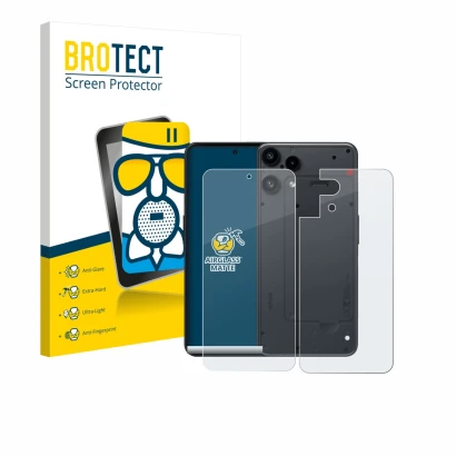 Front side of a product packaging with the brand logo BROTECT. Next to it is the device Nothing Phone (3a) Lite (Front+Back) s