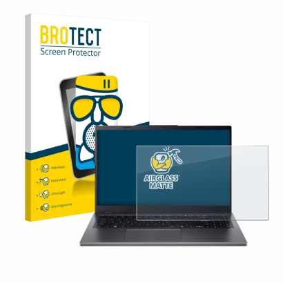 Front side of a product packaging with the brand logo BROTECT. Next to it is the device Acer Aspire 15 A15-51 shown with the c