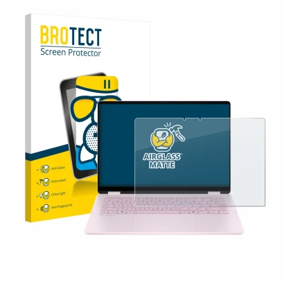 Front side of a product packaging with the brand logo BROTECT. Next to it is the device HP OmniBook 5 Flip 14 14-fp0153ng show