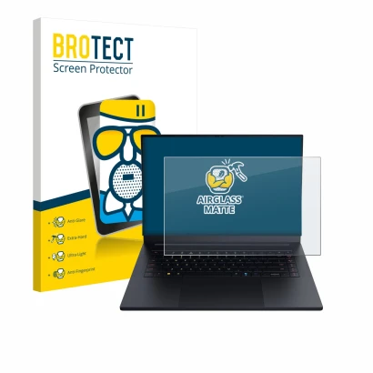 Front side of a product packaging with the brand logo BROTECT. Next to it is the device Razer Blade 16 2025 shown with the cor