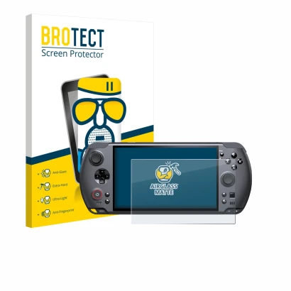 Front side of a product packaging with the brand logo BROTECT. Next to it is the device GPD Win 5 shown with the corresponding