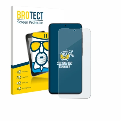 Front side of a product packaging with the brand logo BROTECT. Next to it is the device Samsung Galaxy A57 5G shown with the c