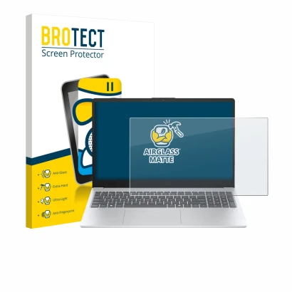 Front side of a product packaging with the brand logo BROTECT. Next to it is the device HP OmniBook 3 15" shown with the corre