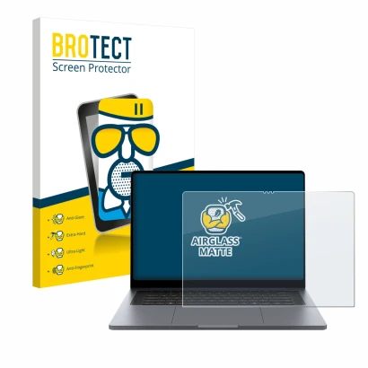 Front side of a product packaging with the brand logo BROTECT. Next to it is the device Samsung Galaxy Book6 Ultra 16" shown w