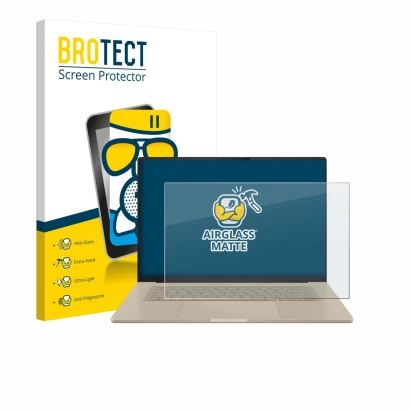 Front side of a product packaging with the brand logo BROTECT. Next to it is the device ASUS ZenBook A16 UX3607 shown with the