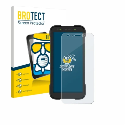 Front side of a product packaging with the brand logo BROTECT. Next to it is the device Zebra TC701 shown with the correspondi