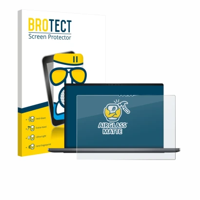 Front side of a product packaging with the brand logo BROTECT. Next to it is the device Dell XPS 14 DA14260 shown with the cor