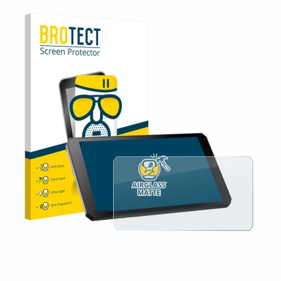 Front side of a product packaging with the brand logo BROTECT. Next to it is the device RiderNav R7M shown with the correspond