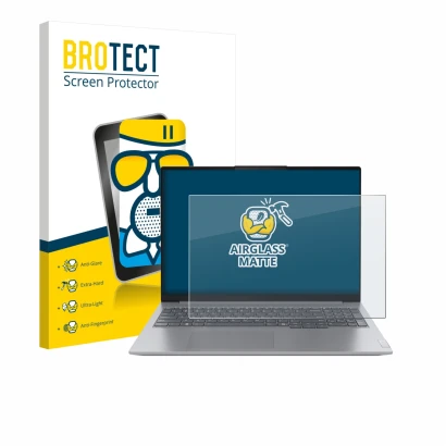 Front side of a product packaging with the brand logo BROTECT. Next to it is the device Lenovo ThinkBook 16 Gen 7+ shown with 