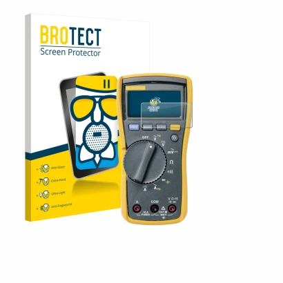 Front side of a product packaging with the brand logo BROTECT. Next to it is the device Fluke 115 shown with the corresponding