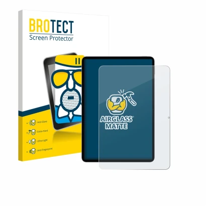 Front side of a product packaging with the brand logo BROTECT. Next to it is the device Xiaomi Pad 8 shown with the correspond