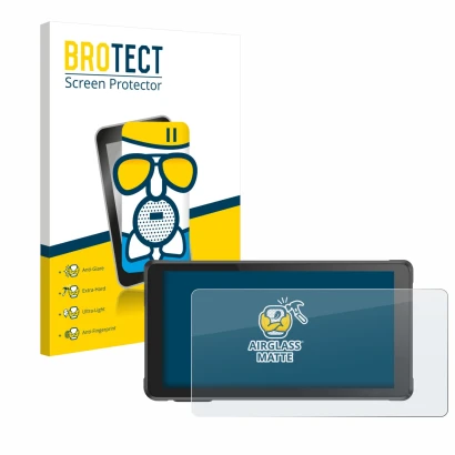 Front side of a product packaging with the brand logo BROTECT. Next to it is the device Interphone RideSync shown with the cor