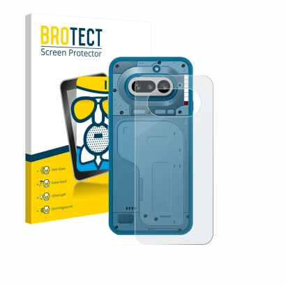 Front side of a product packaging with the brand logo BROTECT. Next to it is the device Nothing Phone (4a) (Back) shown with t