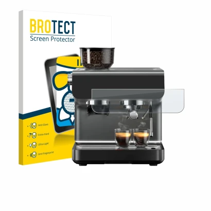 Front side of a product packaging with the brand logo BROTECT. Next to it is the device WMF Espresso Pro shown with the corres