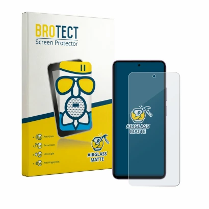 Front side of a product packaging with the brand logo BROTECT. Next to it is the device HMD Crest 2 shown with the correspondi