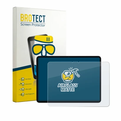 Front side of a product packaging with the brand logo BROTECT. Next to it is the device OnePlus Pad 3 Pro shown with the corre