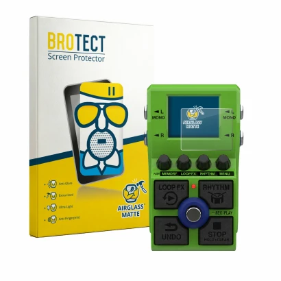 Front side of a product packaging with the brand logo BROTECT. Next to it is the device Zoom MS-90LP Plus shown with the corre