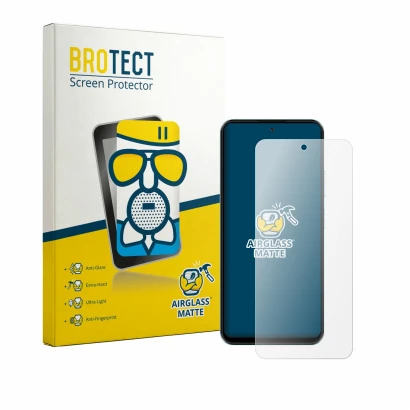Front side of a product packaging with the brand logo BROTECT. Next to it is the device HMD Luma shown with the corresponding