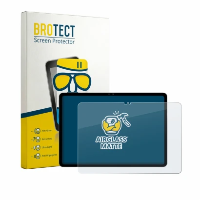 Front side of a product packaging with the brand logo BROTECT. Next to it is the device Blackview MEGA 5 shown with the corres
