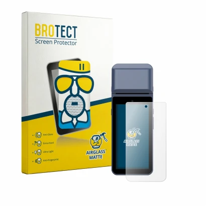 Front side of a product packaging with the brand logo BROTECT. Next to it is the device Pax M9200 shown with the corresponding